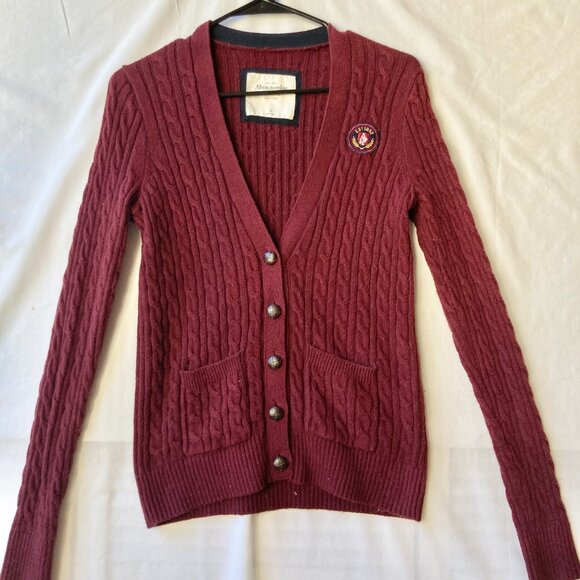 Abercrombie Fitch Burgundy Red Cotton Cardigan Sweater Womens Size M Cable Knit - Picture 2 of 16